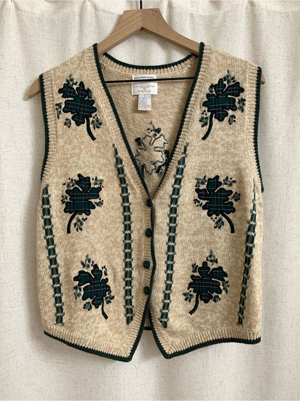 Christopher & Banks 1998 Cream Knit Vest Dark Green Floral Clover Appliqué Small